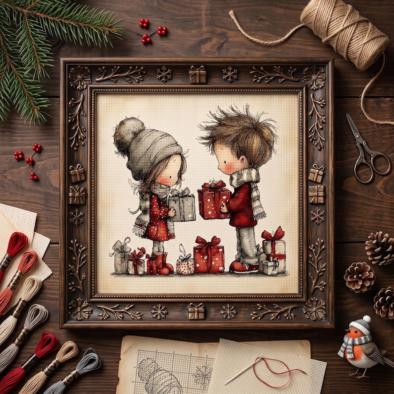 Cute Christmas Couple Cross Stitch Pattern – Winter Gift Exchange Embroidery PDF image 1