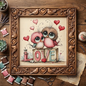 May include: A framed cross-stitch artwork featuring two cartoon birds with large eyes, perched on a block that spells "LOVE." The frame is brown with carved details. Red hearts float in the background. The artwork is surrounded by sewing supplies.