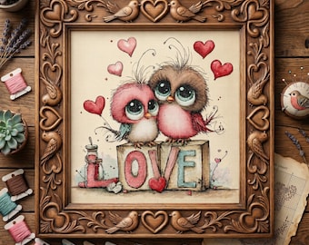 May include: A framed cross-stitch artwork featuring two cartoon birds with large eyes, perched on a block that spells "LOVE." The frame is brown with carved details. Red hearts float in the background. The artwork is surrounded by sewing supplies.