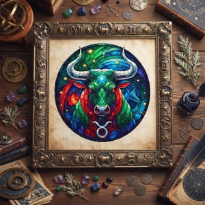 Peut inclure: Un cadre carré doré orné de style antique contenant une illustration circulaire de style vitrail représentant un taureau. Le taureau présente des teintes vives de vert, bleu et rouge avec un symbole du zodiaque Taureau au centre.