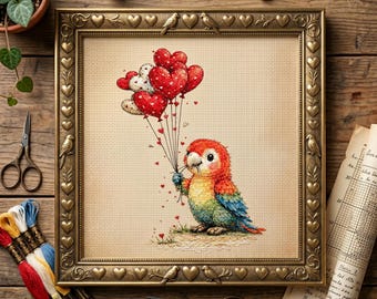 Patrón de punto de cruz de un lindo loro con globos en forma de corazón – Bordado de pájaro del amor kawaii en PDF