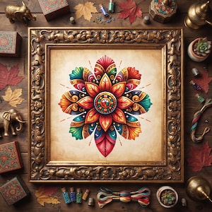 Pode incluir: Uma obra de arte quadrada emoldurada apresentando um design de mandala simétrico e vibrante com pétalas vermelhas, laranjas, amarelas e azul-petróleo. A moldura dourada ornamentada de estilo antigo envolve a ilustração central num fundo cor de pergaminho.