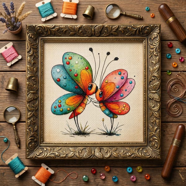 Whimsical Butterfly Duo Cross Stitch Pattern – Cute Fantasy Embroidery PDF