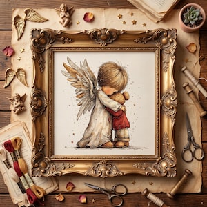 May include: A framed cross-stitch embroidery featuring an angel with large wings embracing a small figure in a red coat. The ornate gold frame is surrounded by scattered gold star accents, small angel figurines, vintage scissors, and embroidery thread.