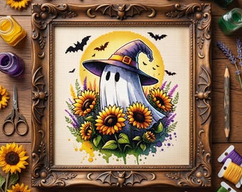 Patrón de punto de cruz de fantasma bruja girasol – Bordado floral de Halloween en PDF, diseño de fantasma con sombrero de bruja otoñal