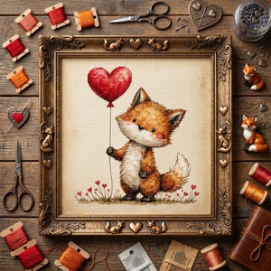 May include: A framed cross-stitch of a fox holding a red heart-shaped balloon. The fox is orange and white, with a cute expression. The frame is ornate, with fox and heart details. Spools of thread, scissors, and other craft supplies surround the frame.