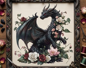 Patrón de punto de cruz del dragón Rosa Medianoche – Bordado de dragón floral gótico en PDF