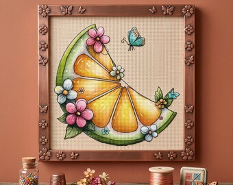 Patrón de punto de cruz de rodaja de limón floral – Bordado de mariposa cítrica caprichosa en PDF