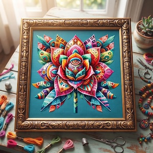 Schema per punto croce con mandala di loto colorato – Ricamo floreale geometrico boho in PDF