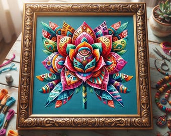 Patrón de punto de cruz de mandala de loto colorido – Bordado floral geométrico bohemio en PDF