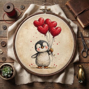 Pu&ograve; includere: Ricamo a punto croce in un telaio di legno con un simpatico pinguino che tiene in mano palloncini rossi a forma di cuore. Il pinguino &egrave; nero, bianco e marrone chiaro, con guance rosee. Lo sfondo &egrave; beige neutro.