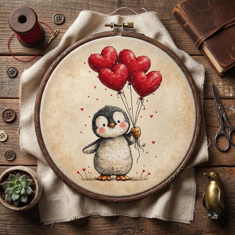 Pu&ograve; includere: Ricamo a punto croce in un telaio di legno con un simpatico pinguino che tiene in mano palloncini rossi a forma di cuore. Il pinguino &egrave; nero, bianco e marrone chiaro, con guance rosee. Lo sfondo &egrave; beige neutro.