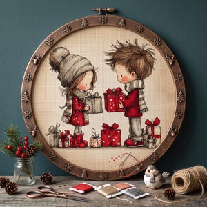 Cute Christmas Couple Cross Stitch Pattern – Winter Gift Exchange Embroidery PDF image 3