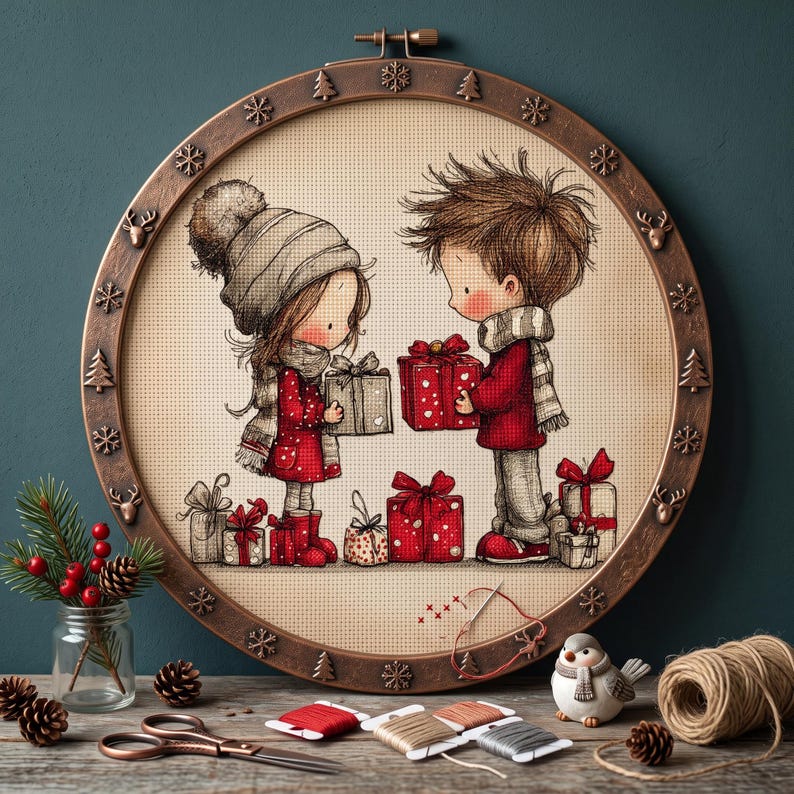 Cute Christmas Couple Cross Stitch Pattern – Winter Gift Exchange Embroidery PDF image 3