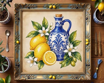 Patrón de punto de cruz para botella de aceite de oliva con limón mediterráneo – Bordado de cítricos en azul y blanco (PDF)