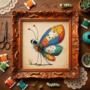 May include: A framed cross-stitch of a whimsical butterfly with large eyes and colorful wings. The butterfly is set against a neutral background within an ornate, brown wooden frame. Crafting supplies, including thread spools and scissors, surround the frame.