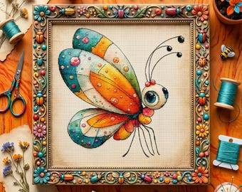 Jewel Wing Butterfly Cross Stitch Pattern – Whimsical Fantasy Embroidery PDF