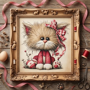 Può includere: Un punto croce incorniciato di un gatto soffice con un vestito rosso e un fiocco. L'opera d'arte è in una cornice di legno decorativa, circondata da nastro rosso e bianco, rocchetti di filo e abbellimenti a tema gatto. Il gatto ha grandi occhi e un'espressione dolce.