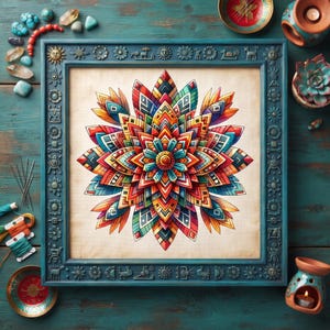 Pode incluir: Uma obra de arte quadrada emoldurada apresentando uma mandala vibrante e multicolorida com formas em camadas semelhantes a pétalas em tons de vermelho, laranja, amarelo e azul. A moldura azul-petróleo é decorada com motivos em relevo de sóis, flores e animais.