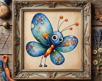 Patrón de punto de cruz de mariposa azul caprichosa – Bordado de fantasía adorable en PDF