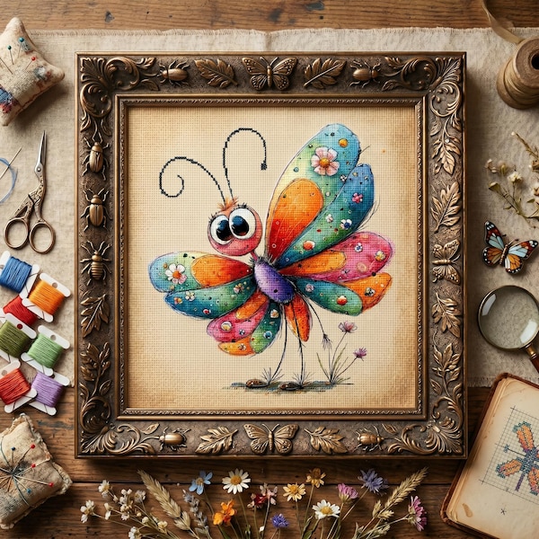 Floral Fantasy Butterfly Cross Stitch Pattern – Cute Whimsical Embroidery PDF