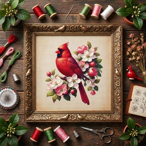 Peut inclure: Une broderie encadrée d'un cardinal rouge perché sur une branche fleurie. L'œuvre est entourée de fournitures de couture, notamment des bobines de fil, du fil à broder et une paire de ciseaux, le tout disposé sur une surface en bois.