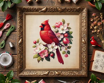 Schema per punto croce del cardinale rosso – Ricamo floreale con uccellino primaverile in formato PDF