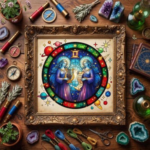 May include: A square framed artwork featuring a stained glass style illustration of the Gemini zodiac sign with two figures, one holding a lyre and the other a scroll, surrounded by planets and stars, set within an ornate gold-colored frame.