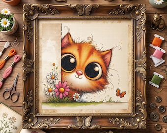 Patrón de punto de cruz de gatito naranja adorable – Bordado de gato floral y mariposa en PDF