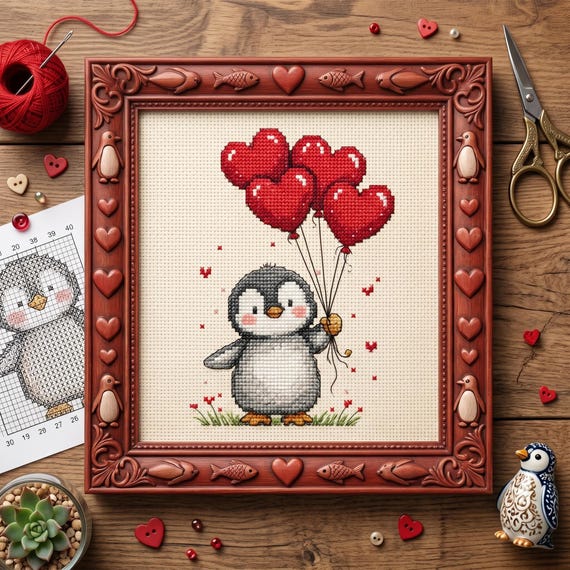 Cute Penguin with Heart Balloons Cross Stitch Pattern – Kawaii Animal Love Embroidery PDF