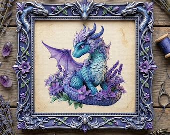 Patrón de punto de cruz Dragón del Cielo Lavanda – Bordado de dragón floral de fantasía en PDF