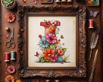 Patrón de punto de cruz de la letra I floral – Bordado del alfabeto botánico en PDF