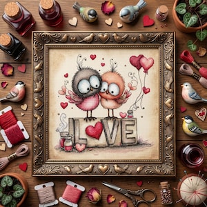 May include: A framed cross-stitch artwork featuring two cartoon birds with large eyes, standing above the word "LOVE". The artwork is surrounded by decorative elements like miniature birds, hearts, and spools of thread, all arranged on a wooden surface.