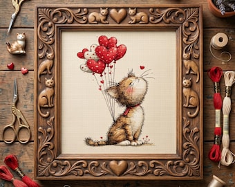 Simpatico gatto con palloncini a forma di cuore - Ricamo Kawaii per animali domestici in formato PDF