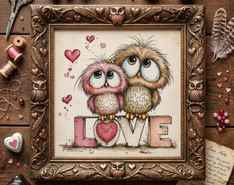 May include: A framed cross-stitch artwork featuring two cartoon owls perched on a sign that spells "LOVE". The owls are brown and pink with large eyes. The frame is ornate, and the background includes hearts and sewing supplies.