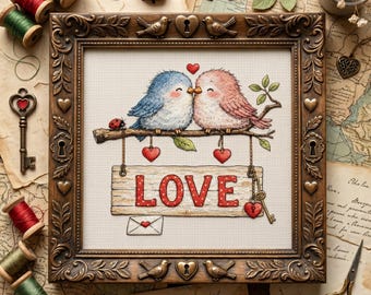 Patrón de punto de cruz de pájaros enamorados – Bordado de pareja romántica y adorable en PDF