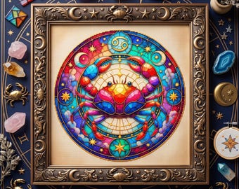 Cancer Zodiac Crab Cross Stitch Pattern – Celestial Stained Glass Astrology Embroidery PDF