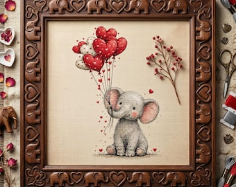 Patrón de punto de cruz de un lindo elefante con globos en forma de corazón – Bordado Kawaii Animal Love PDF