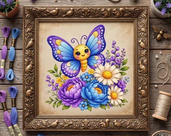 Patrón de punto de cruz de mariposa azul y morada – Bordado de jardín floral en PDF
