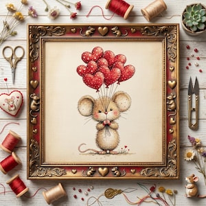 Op de afbeelding: Een ingelijst kruissteekkunstwerk toont een schattige muis met rode hartvormige ballonnen. De lijst heeft gouden en rode details. Naaibenodigdheden, zoals scharen en garenspoelen, omringen het kunstwerk, wat een ambachtelijk tafereel creëert.