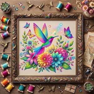 Rainbow Hummingbird Cross Stitch Pattern – Colorful Floral Embroidery PDF