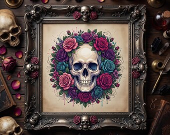 Patrón de punto de cruz de calavera floral gótica – Bordado de calavera rosa en PDF, diseño de esqueleto botánico oscuro