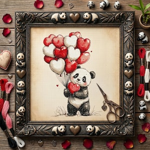 May include: Framed cross-stitch art featuring a panda holding heart-shaped balloons. The panda is black and white, with red and white balloons. The frame is dark brown, with panda and heart embellishments. Rose petals and panda figurines surround the frame.