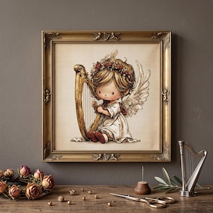 May include: A framed cross-stitch embroidery depicting a winged figure with blonde hair and a floral crown playing a golden harp. The artwork is encased in an ornate gold frame featuring small cherub motifs on the top and bottom edges.