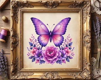 Patrón de punto de cruz de mariposas moradas y rosas – Bordado de jardín floral en PDF