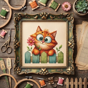 Peut inclure: Une broderie au point de croix représentant un chat tigré orange aux grands yeux tenant une fleur rose derrière une clôture verte, encadrée dans un cadre orné vert foncé. L'ensemble est entouré de tambours, ciseaux et bobines.
