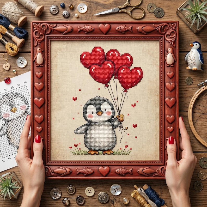Pu&ograve; includere: Un'opera d'arte a punto croce incorniciata con un pinguino che tiene in mano palloncini rossi a forma di cuore. La cornice &egrave; di colore marrone rossiccio scuro con decorazioni a forma di pesce e cuore. L'opera &egrave; su sfondo beige, su un tavolo di legno.