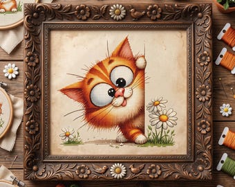 Patrón de punto de cruz de un adorable gatito naranja – Gato asomándose con margaritas (PDF para bordar)