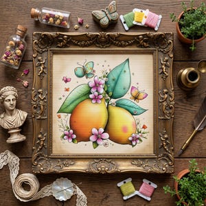 May include: A square framed cross-stitch pattern featuring two yellow lemons, green leaves, pink flowers, and colorful butterflies. The ornate gold frame is decorated with cherub figures. Surrounding items include glass jars, thread spools, a bust, and lace.
