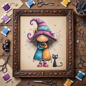 May include: A framed cross-stitch embroidery featuring a character wearing a large purple and blue pointed hat, holding a small black cat, with a second black cat standing nearby, surrounded by scattered embroidery floss, scissors, and star charms.